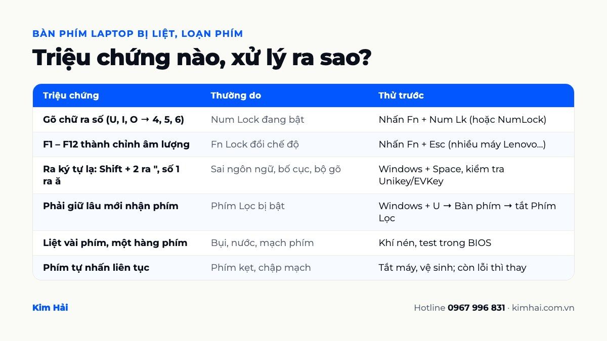 Bảng triệu chứng bàn phím laptop bị liệt, loạn phím, nguyên nhân thường gặp và cách tự xử lý