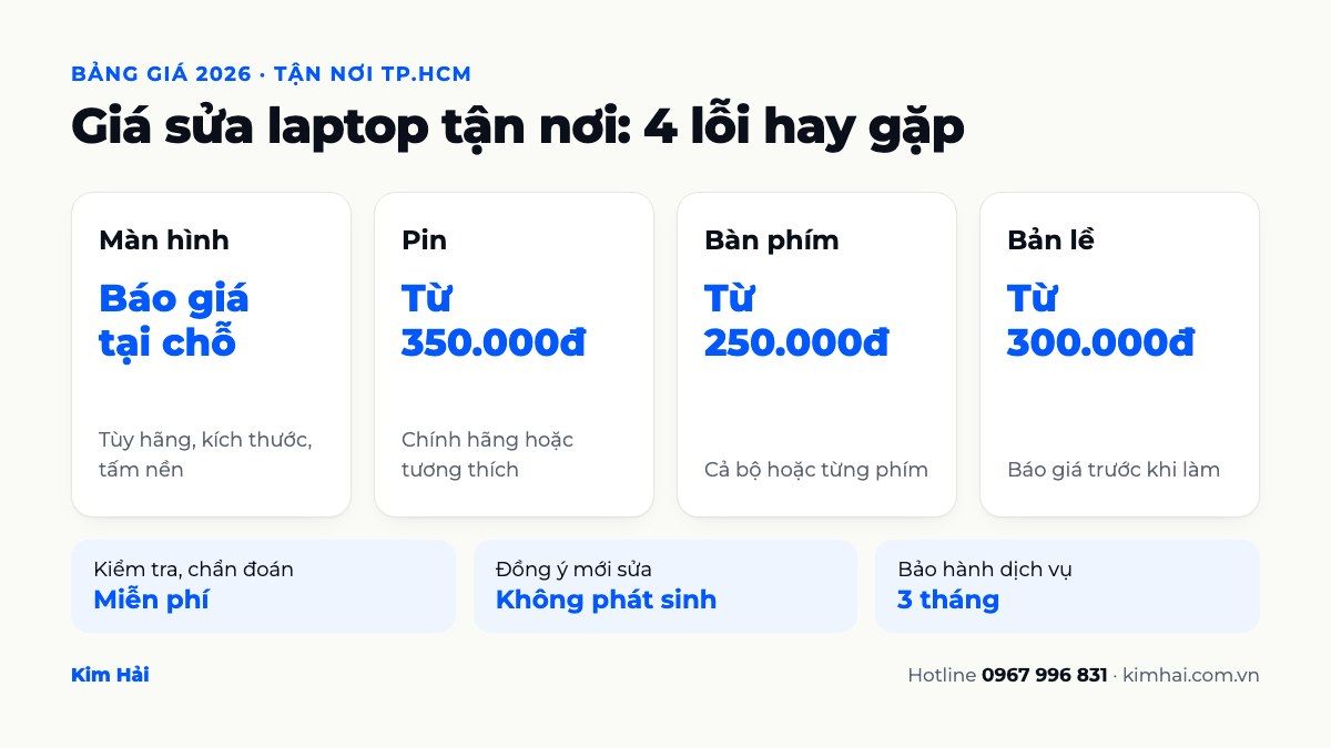 Bảng giá sửa laptop tận nơi 2026: thay màn hình báo giá tại chỗ, pin từ 350.000đ, bàn phím từ 250.000đ, bản lề từ 300.000đ