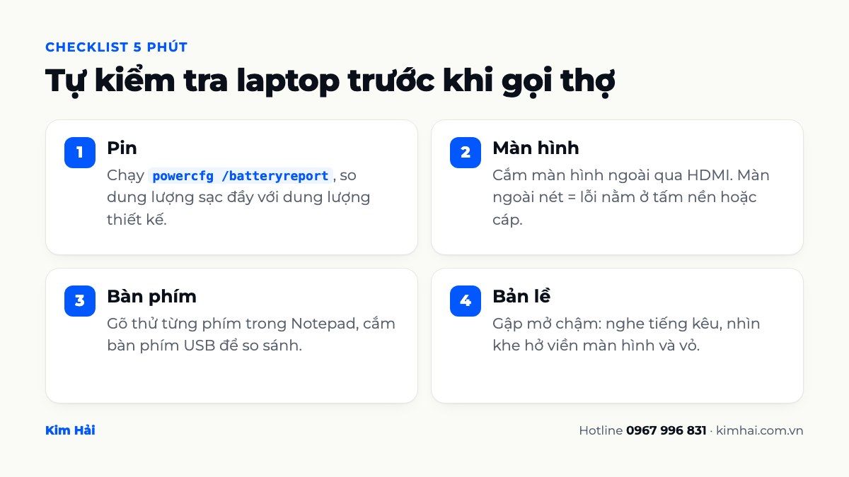 Checklist tự kiểm tra laptop trước khi gọi thợ: kiểm tra pin bằng powercfg, màn hình qua HDMI, bàn phím và bản lề