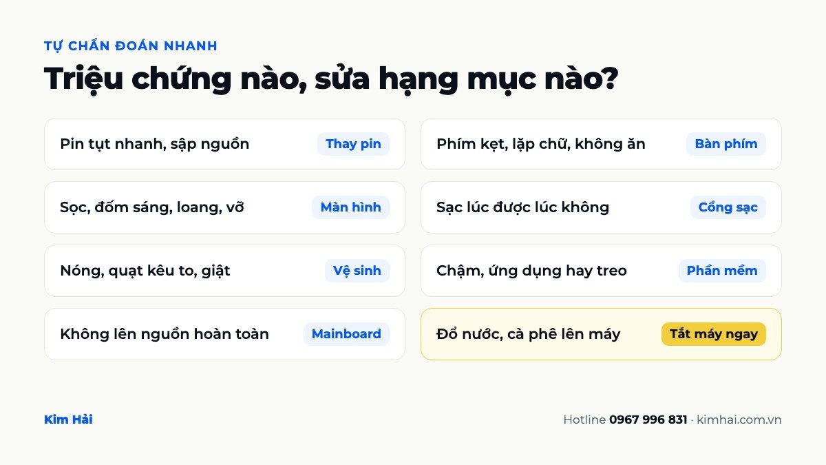Sơ đồ tự chẩn đoán Macbook: triệu chứng pin, bàn phím, màn hình, cổng sạc, vào nước và hạng mục cần sửa