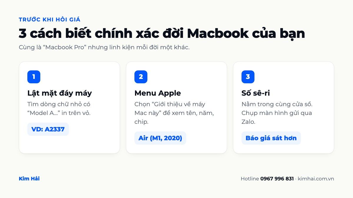 3 cách xác định đời Macbook: mã model ở đáy máy, mục Giới thiệu về máy Mac này và số sê-ri