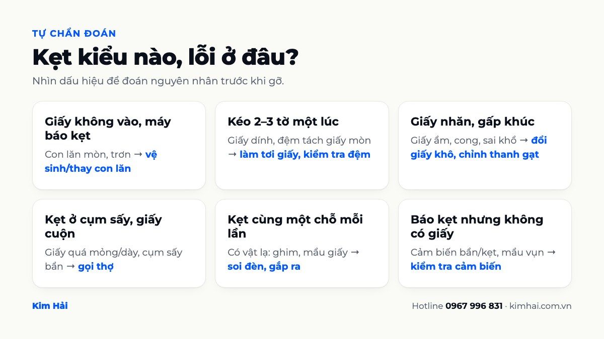 Bảng tự chẩn đoán nguyên nhân máy in bị kẹt giấy theo từng dấu hiệu