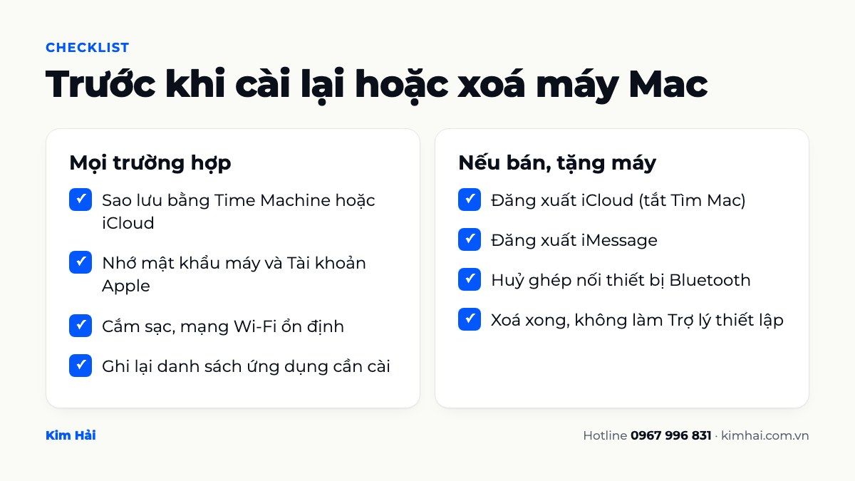 Checklist trước khi cài lại macOS hoặc xoá máy Mac để bán: sao lưu, đăng xuất iCloud, iMessage, Bluetooth