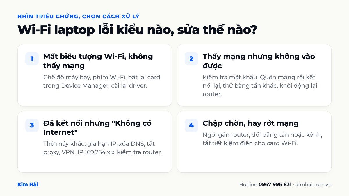 Bảng triệu chứng wifi laptop: mất biểu tượng, thấy mạng không vào được, không có Internet, chập chờn