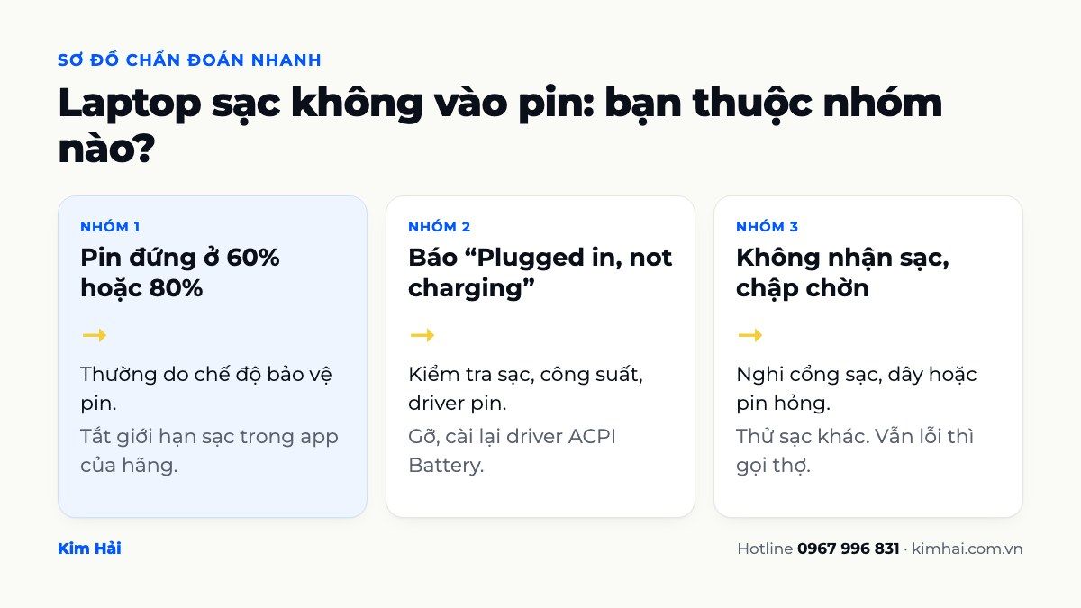 Sơ đồ chẩn đoán laptop sạc không vào pin theo ba nhóm triệu chứng