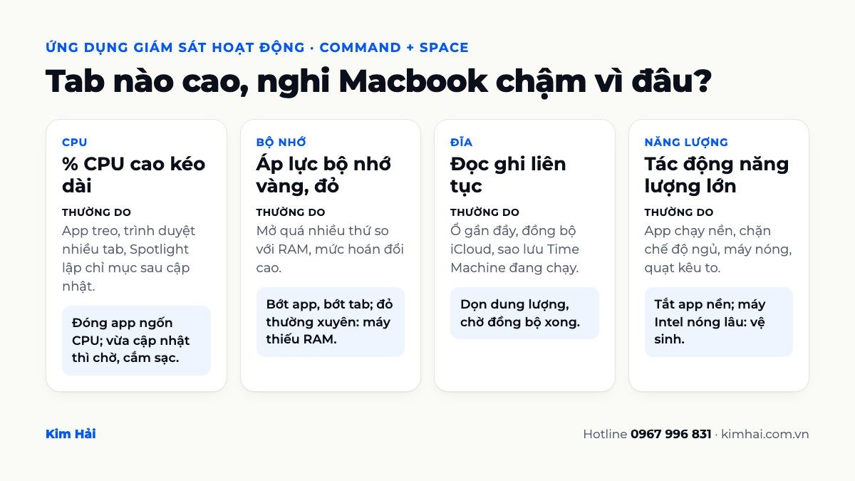 Infographic cách đọc ứng dụng Giám sát hoạt động trên Macbook: tab CPU, Bộ nhớ, Đĩa, Năng lượng cao thì nghi nguyên nhân gì