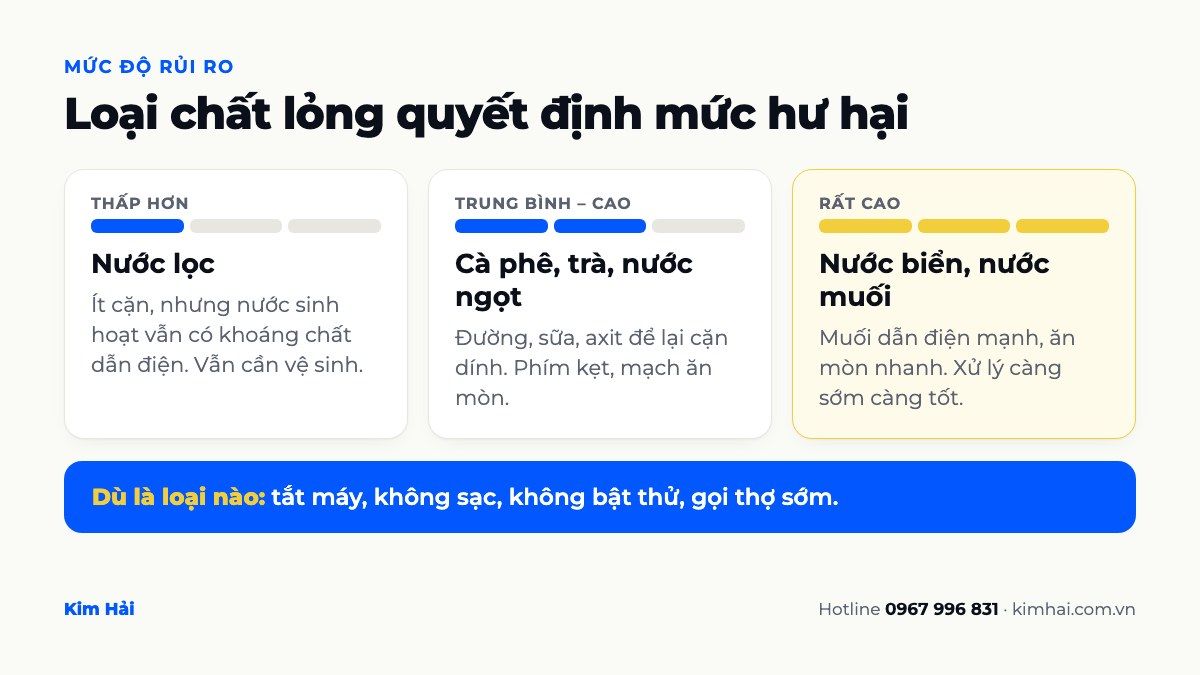 Infographic so sánh mức độ rủi ro khi Macbook vào nước lọc, cà phê nước ngọt và nước biển