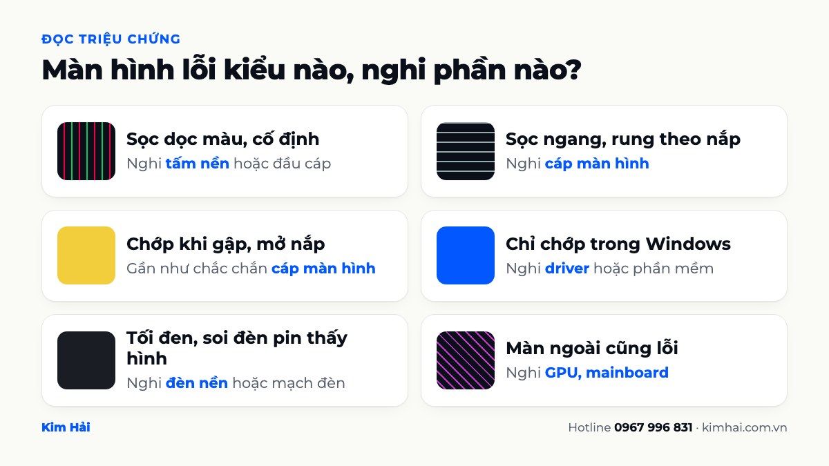 Bảng đọc triệu chứng màn hình laptop bị sọc, chớp, tối đen và bộ phận nghi ngờ: tấm nền, cáp màn hình, driver, đèn nền, GPU
