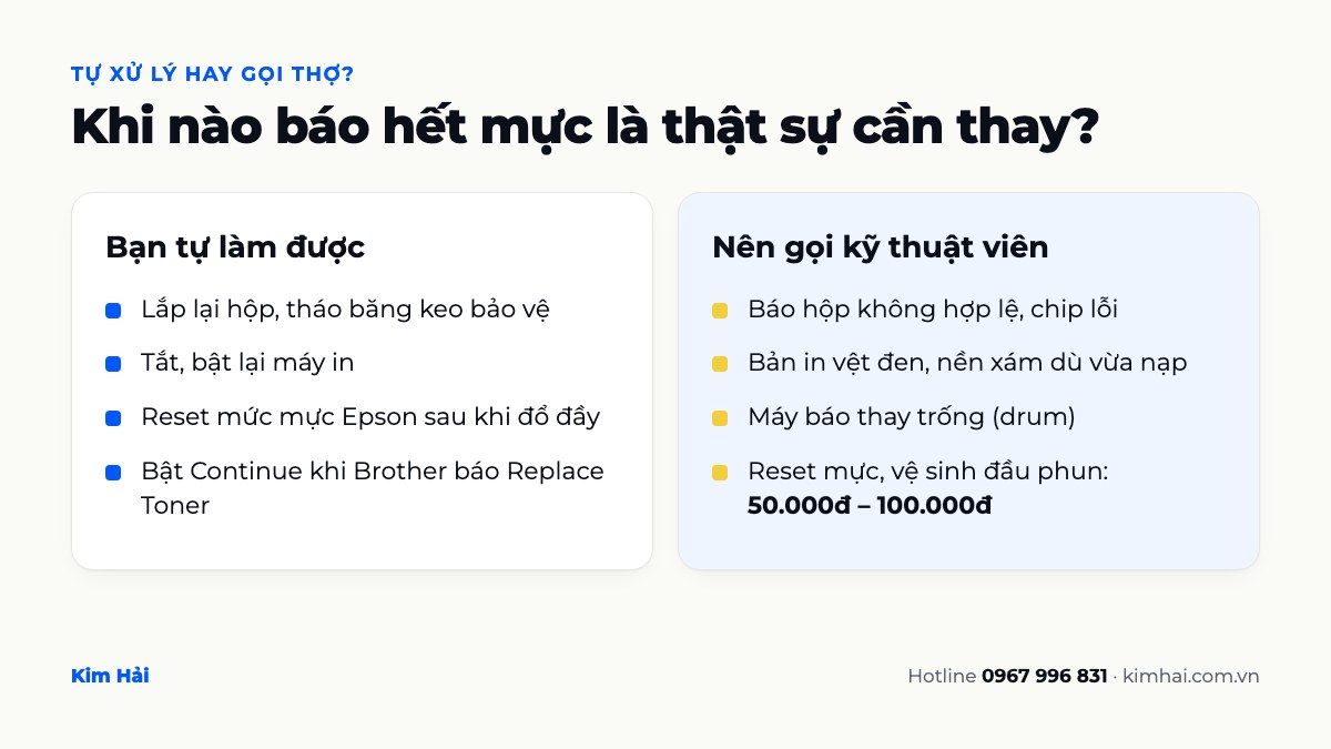 Danh sách việc tự làm được và trường hợp nên gọi thợ khi máy in báo hết mực