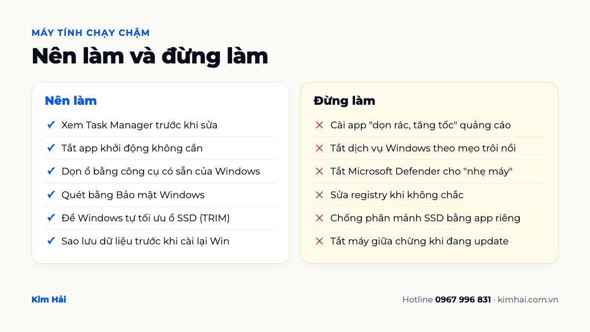 Bảng nên làm và đừng làm khi máy tính chạy chậm