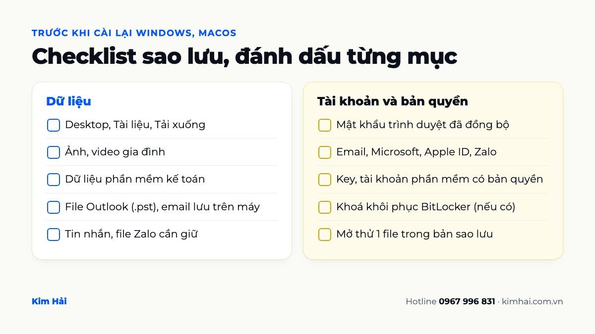 Checklist sao lưu trước khi cài lại Windows hoặc macOS gồm dữ liệu, tài khoản và bản quyền phần mềm