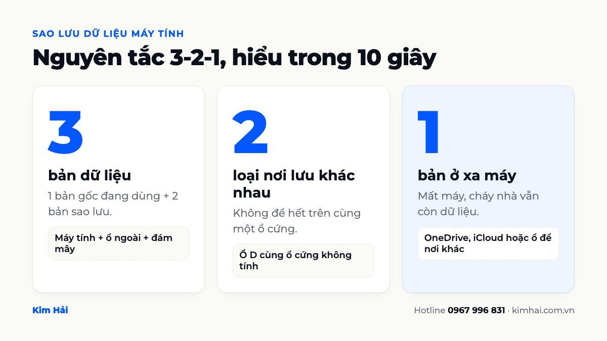 Infographic nguyên tắc sao lưu 3-2-1: 3 bản dữ liệu, 2 loại nơi lưu, 1 bản để xa máy