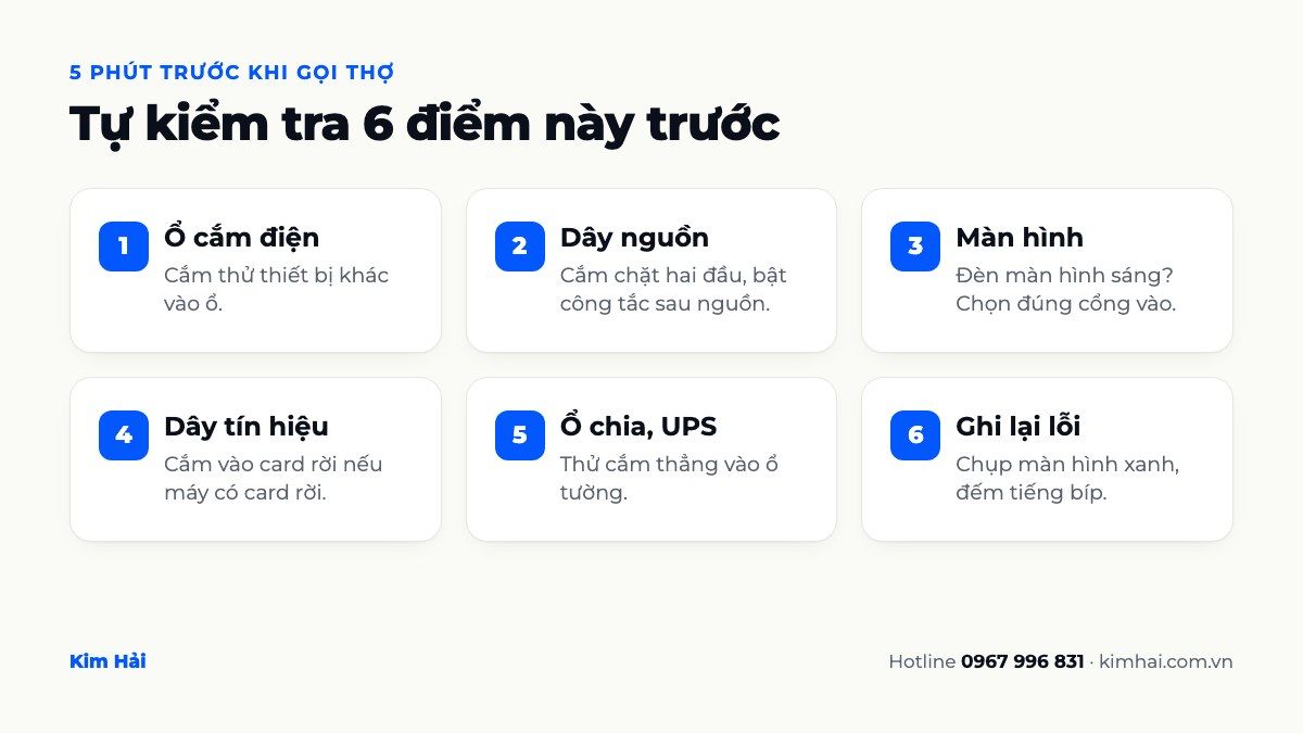Checklist 6 điểm tự kiểm tra máy tính để bàn trước khi gọi thợ: ổ cắm, dây nguồn, màn hình, dây tín hiệu, ổ chia, ghi lại lỗi