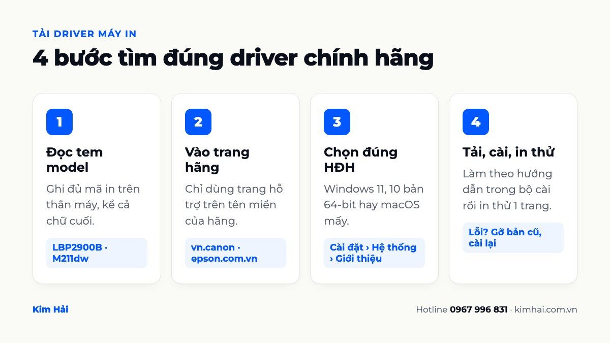 Infographic 4 bước tải driver máy in chính hãng: đọc tem model, vào trang hãng, chọn hệ điều hành, tải cài và in thử